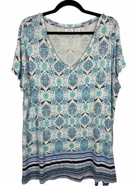 Sigrid Olsen Printed V-Neck Tunic Top Blue Aqua Medallion Print Plus Size 1X